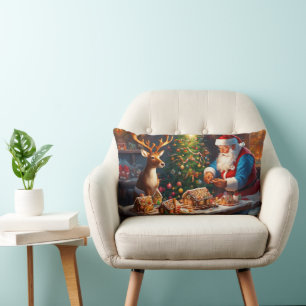 Santa N Reindeer tillverkar gingerbröd jul Lumbarkudde