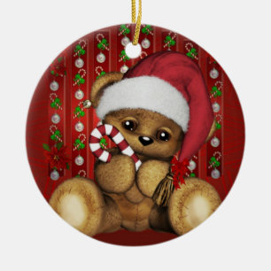 Santa nalle med candy cane julgransprydnad keramik