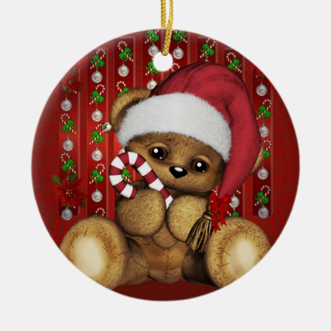 Santa nalle med candy cane julgransprydnad keramik (Framsidan)