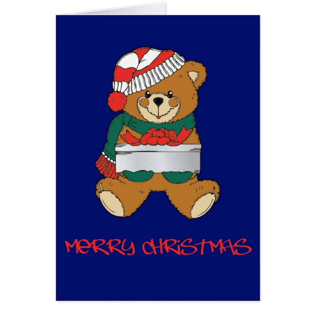 Santa nalle med den närvarande julkortet hälsningskort (Framsidan)