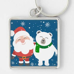 Santa och Bear Fyrkantig Silverfärgad Nyckelring