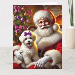 Santa och Bichon Frisé Puppy med Lila Bow Kort
