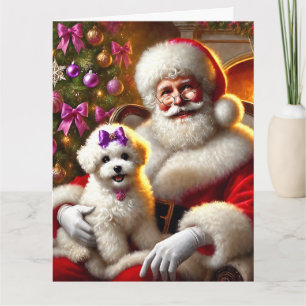 Santa och Bichon Frisé Puppy med Lila Bow Kort