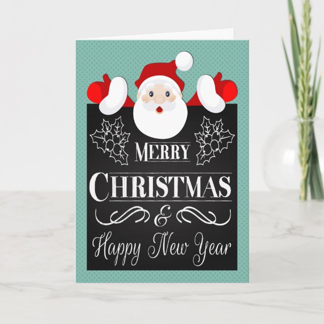 Santa och Chalkboard med Holly till jul Helgkort (Framsida)