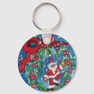 SANTA OCH CHRISTMAS KVÄLL KRONA MED RED RIBBON NYCKELRING