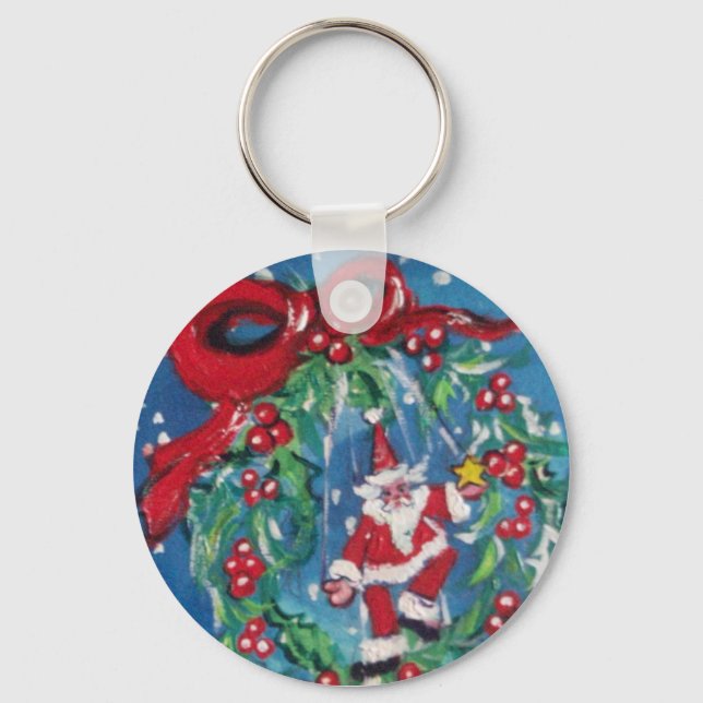 SANTA OCH CHRISTMAS KVÄLL KRONA MED RED RIBBON NYCKELRING (Framsida)