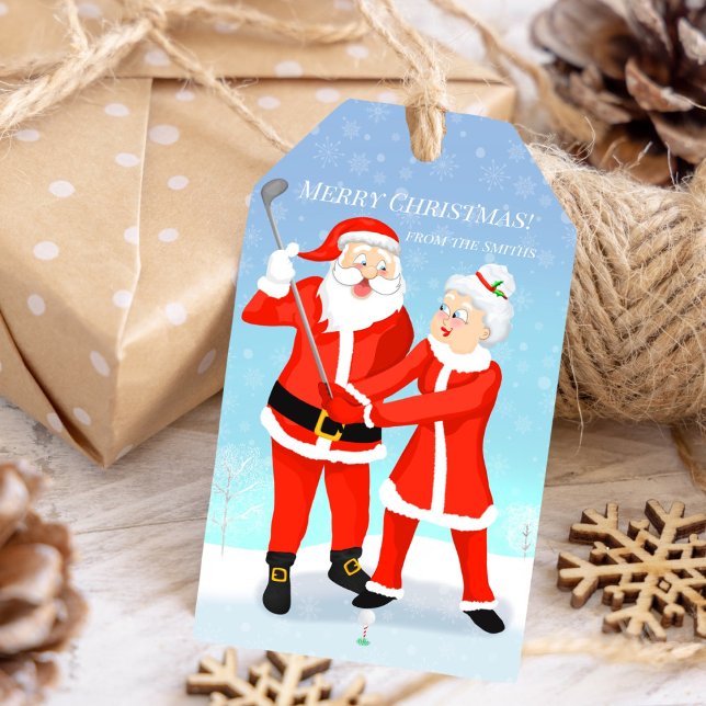 Santa och Claus Golf Swing Presentetikett (An adorable gift tag with Santa and Mrs. Claus!)