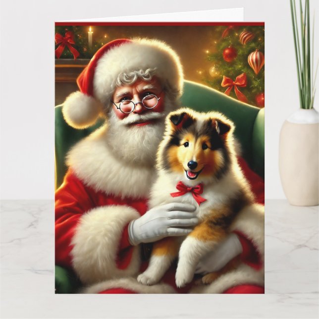 Santa och Collie Puppy med Red Bow Kort (Framsida)