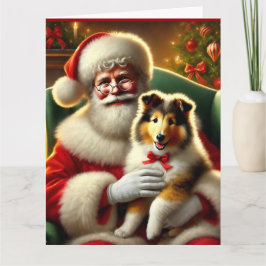 Santa och Collie Puppy med Red Bow Kort