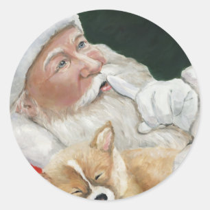 Santa och Corgi Valp, julklapp Runt Klistermärke