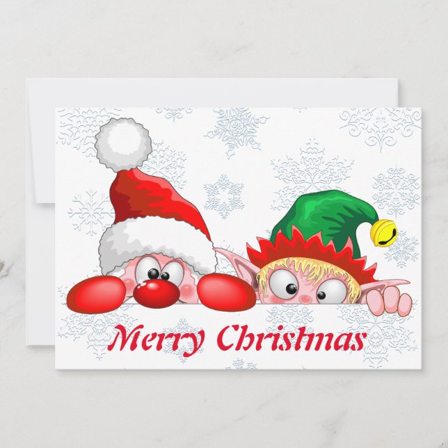 Santa och Elf Cute och den roliga Tecknaden Cha vi Inbjudningar (Framsida)