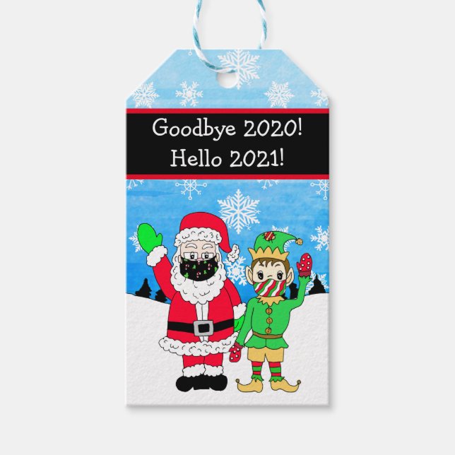 Santa och Elf i Facemask 2020 Gift Märkres Presentetikett (Framsidan)