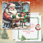 Santa och Elf-jul i Nordpolen Julkort<br><div class="desc">Personlig julkort med Jultomten och en god älv som går över den stygga och trevliga listan i Nordpolens vattenfärgillustration.</div>