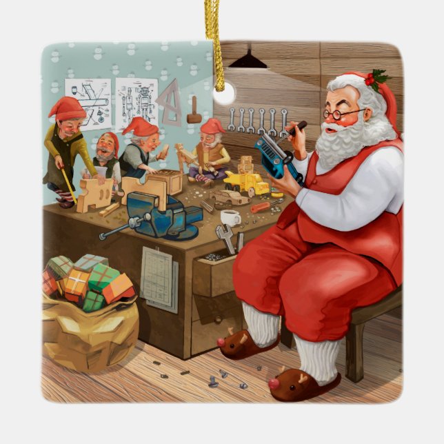 Santa och Elves Skapar Leksaker | Jul Julgransprydnad Keramik (Framsida)
