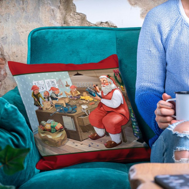 Santa och Elves Skapar Leksaker | Jul Kudde (Skapare uppladdad)