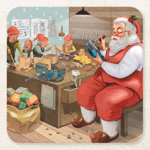 Santa och Elves Skapar Leksaker   Jul Underlägg Papper Kvadrat