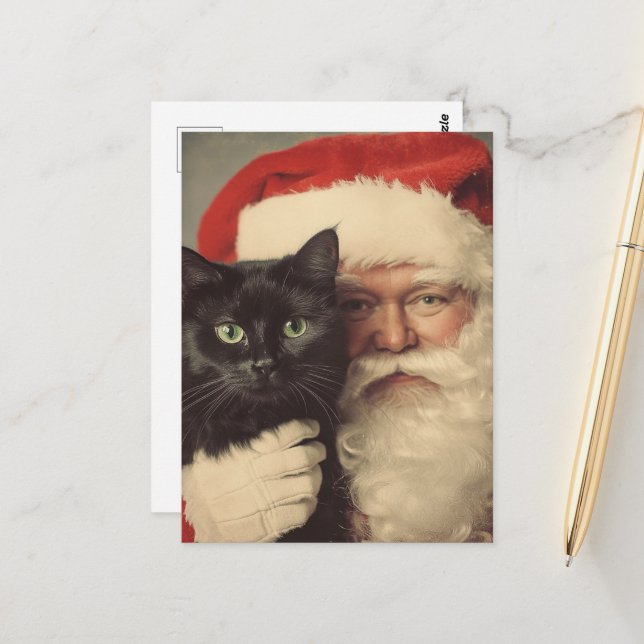 Santa och en Cute Black Cat Vykort (Fram/Back In Situ)