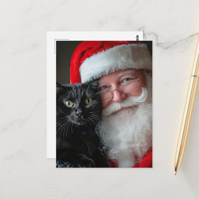 Santa och en Cute Black Cat Vykort (Fram/Back In Situ)