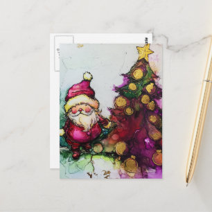 Santa och en Julgran-Bläck Vykort