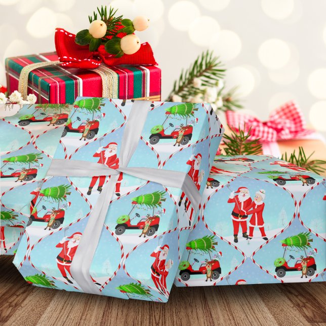 Santa och fru Claus golfar Ogee-mönster Presentpapper (Wonderful festive golf themed Christmas paper for the golfing family!)