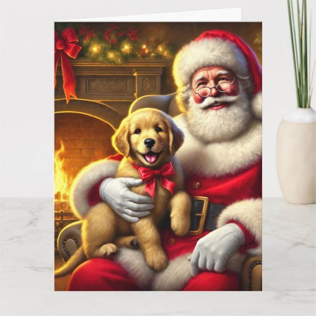 Santa och Golden Retriever Puppy med Red Bow Kort (Framsida)