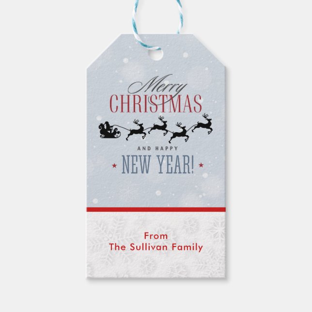 Santa och hans flygande renare Silhouette-jul Presentetikett (Framsidan)