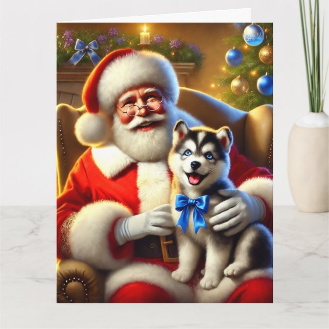 Santa och Husky Puppy med Blue Bow Kort (Framsida)