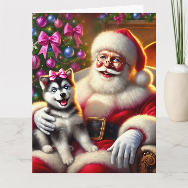 Santa och Husky Puppy med Rosa Bow Kort (Framsida)