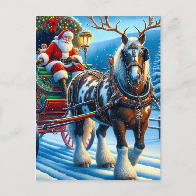 Santa och Irish Cob Horse With Antlers Vykort (Framsida)