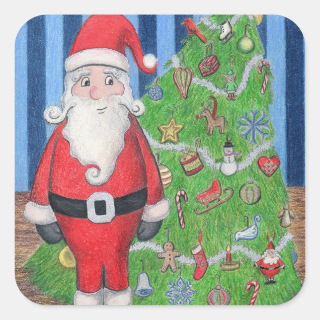 Santa och Julgran Stickers Fyrkantigt Klistermärke (Framsida)