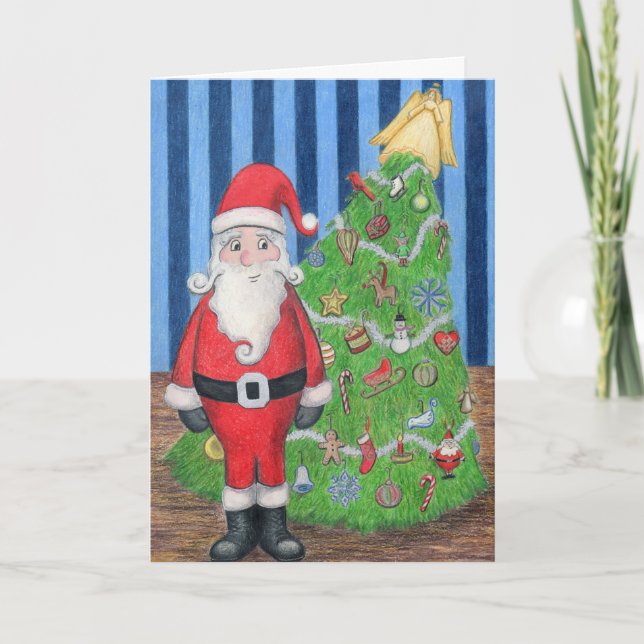 Santa och julgranhälsningkort helgkort (Framsida)