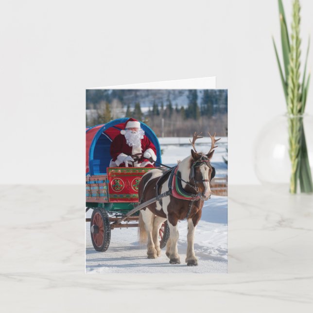Santa och Pinto Draft Horse med Antlers Kort (Framsida)