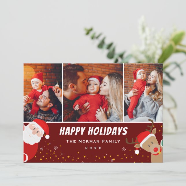 Santa och Reindeer God jul 3 Photo Julkort (Stående Fram)