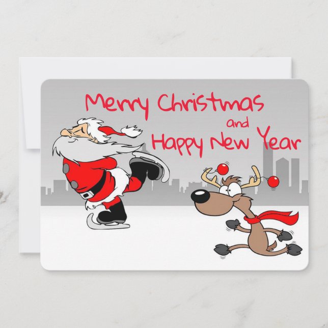Santa och Reindeer Ice Skating Julkort (Framsida)