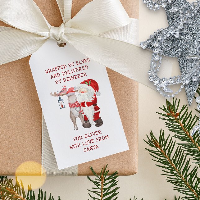 Santa och Reindeer Kids Personlig jul Presentetikett (Personalized Kids Gift Tags from Santa - cute and whimsical for children)