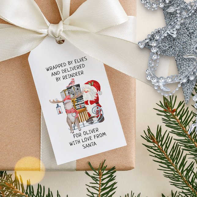 Santa och Reindeer Personlig Kids jul Presentetikett (Kids Gift Tags from Santa - cute and whimsical for children)