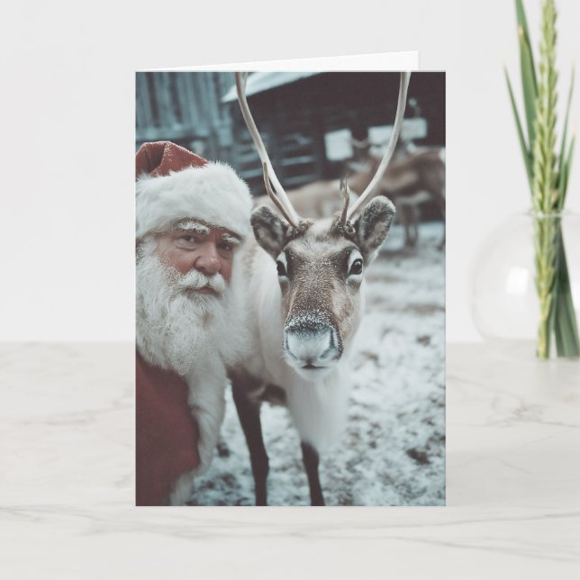 Santa och renar vintermagi helgkort (Framsida)