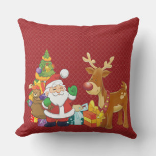 Santa och Rener vid Julgran med Presenter Kudde