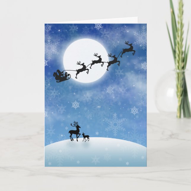 Santa och renflygfullmåne helgkort (Framsida)