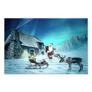 Santa och Rudolph med Sled Fototryck