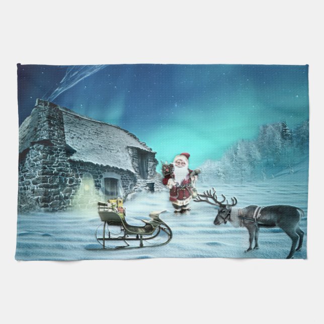 Santa och Rudolph med Sled Kökshandduk (Horisontell)