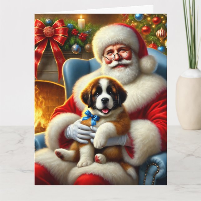 Santa och Saint Bernard Puppy med Blue Bow Kort (Framsida)