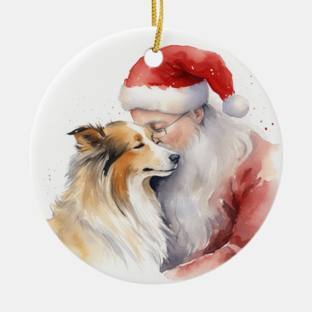 Santa och Sheltie Julgransprydnad Keramik (Framsidan)