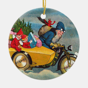 Santa och sidecaren julgransprydnad keramik