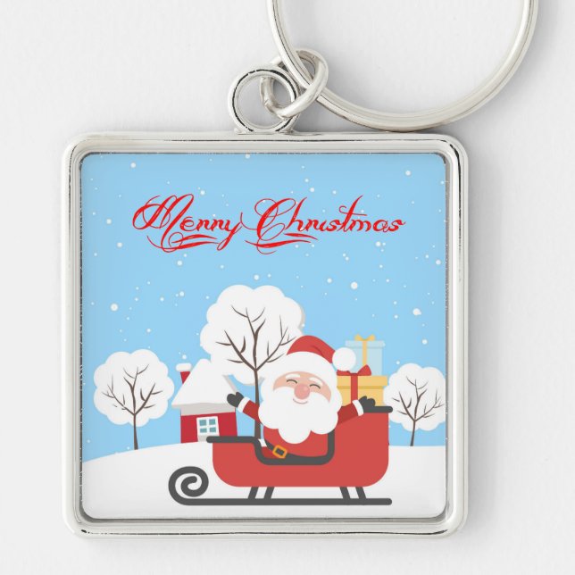Santa och Sleigh Fyrkantig Silverfärgad Nyckelring (Framsidan)