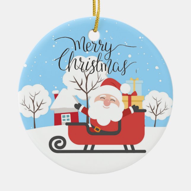 Santa och Sleigh Julgransprydnad Keramik (Framsidan)