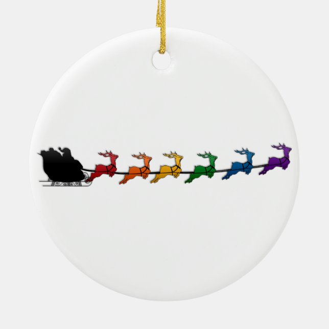 Santa och Sleigh med HGBTQ-Pridet Rainbow Reindeer Julgransprydnad Keramik (Baksidan)