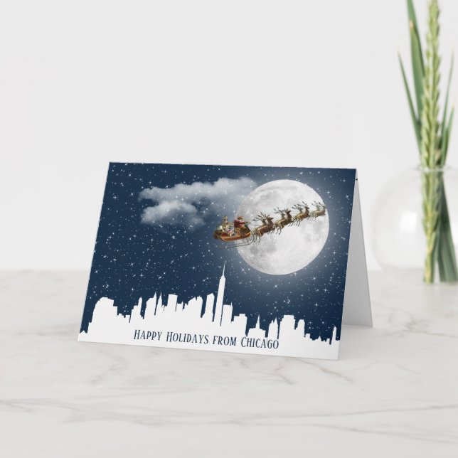 Santa och Sleigh som flyger över Big City Skyline Kort (Framsida)