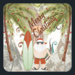 Santa och Surfboard God jul Beach Fyrkantigt Klistermärke<br><div class="desc">Den här God jul-klistermärket har en surfande Santa och handflatan träd med helgdag och en grungyyta och handflatan träd. Det är perfekt för dem som bor på,  som vaknar under julen eller bara kärlek vid stranden. ~</div>