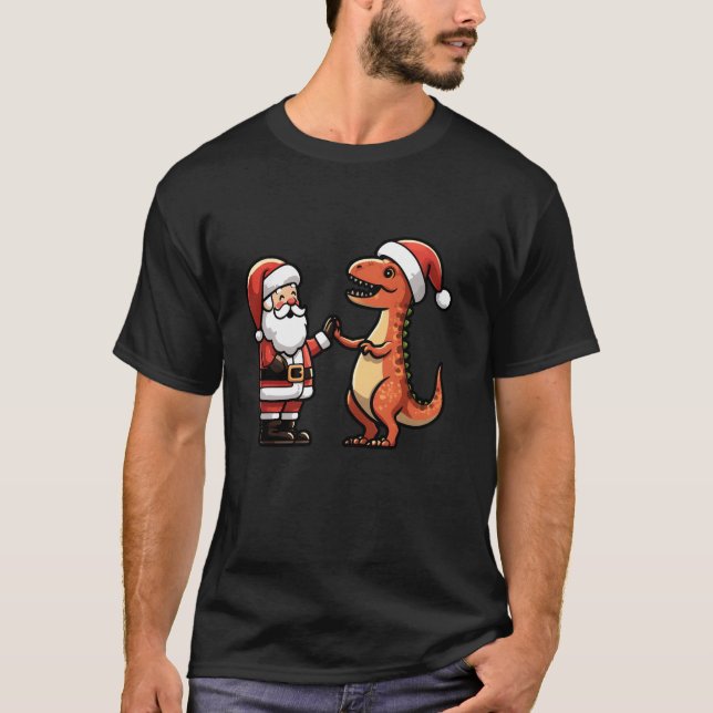 Santa och T Rex Dinosaur High Fiving Funny Christm T Shirt (Framsida)